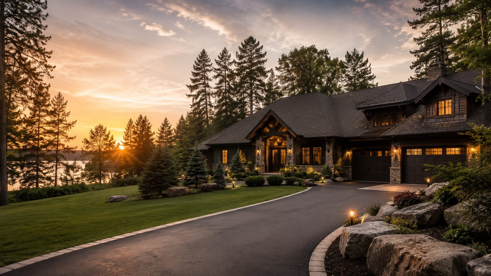 Lakeside home at golden hour.